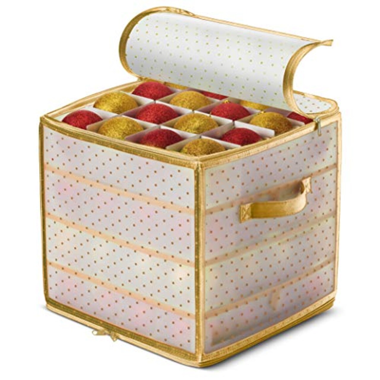 Plastic Christmas Ornament Storage Box with 2 Sided Dual Zipper Closure -  Keeps 64 Holiday Ornaments, Xmas Decorations Accessories, 3 Cube  Compartments - Sturdy Flexible Plastic (Gold)